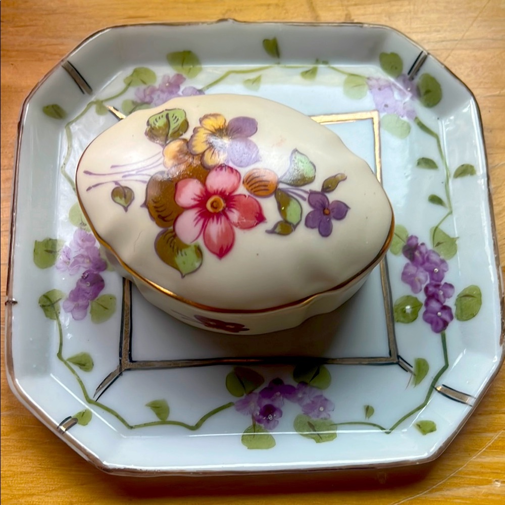 Lefton porcelain Japan trinket box and dish plate hand painted vintage violets